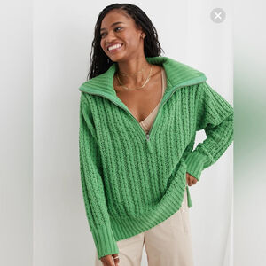 Aerie Cable Car Quarter Zip Green Oversized Sweater size XXS